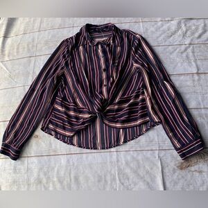 Blashe Striped Navy Red Beige Long Sleeve Twist Front  Blouse Size Medium